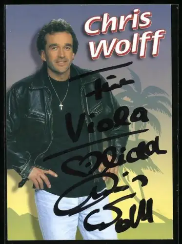 AK Musiker Chris Wolff in Lederjacke, Autograph