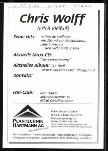 AK Musiker Chris Wolff in Lederjacke, Autograph