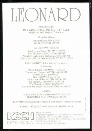 AK Musiker Leonard vor weissem Hintergrund, Autograph