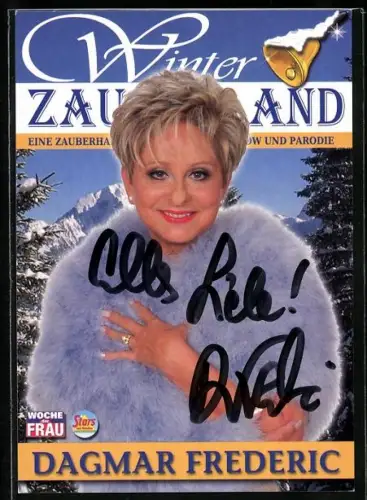 AK Musikerin Dagmar Frederic lächelnd im Porträt, Autograph