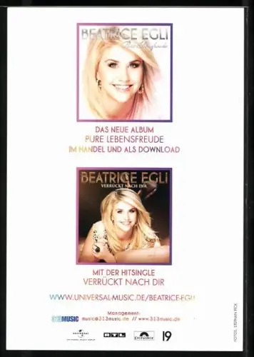 AK Musikerin Beatrice Egli lächelnd im Porträt, Autograph