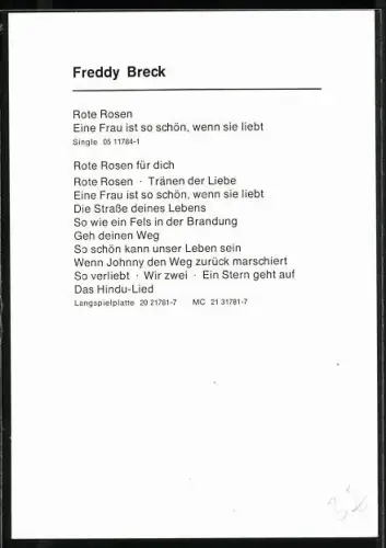 AK Musiker Freddy Breck lächelnd im Porträt, Autograph