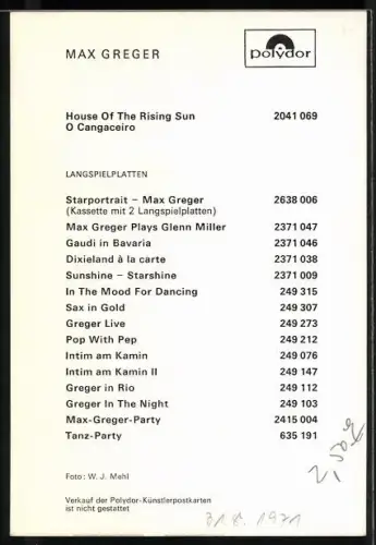 AK Musiker Max Greger im Anzug, Autograph