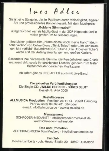 AK Musikerin Ines Adler im Porträt, Autograph