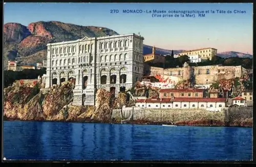 AK Monaco, Le Musée océanographique et la Tete de Chien, Vue prise de la mer