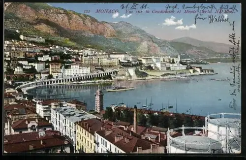 AK Monaco, Vue sur la Condamine et Monte Carlo, Dampfer