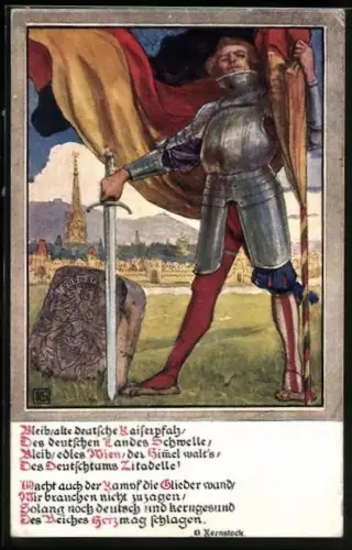 Künstler-AK Verein Südmark, Bleib, alte deutsche Kaiserpfalz, des deutschen Landes Schwelle..., Ritter mit Fahne