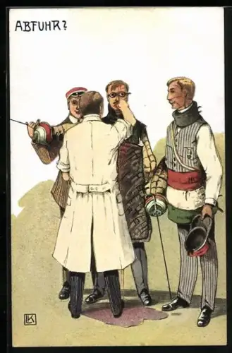 Künstler-AK sign. L.K.: Abfuhr?, Studentenverbindungs-Mitglieder bei der Mensur, Student wurde im Gesicht getroffen