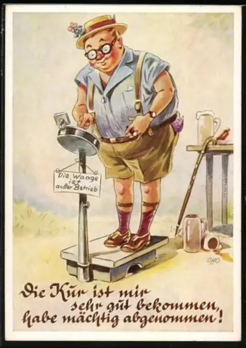 AK Dicker Mann stellt sich auf eine kaputte Waage