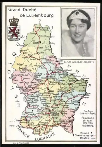 AK Grand-Duché de Luxembourg, Grossherzogin Charlotte und Landkarte