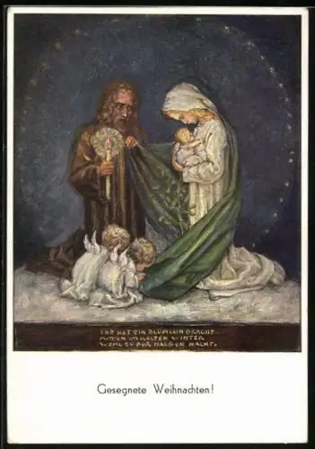 Künstler-AK Maria Spötl: Maria und Joseph mit dem Jesuskind und zwei Engeln