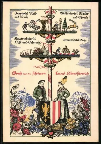 Künstler-AK Ulf Seidl: Oberösterreich, Traumviertel Salz, Hausruckviertel Obst und Schmalz, Frau und Mann mit Wappen