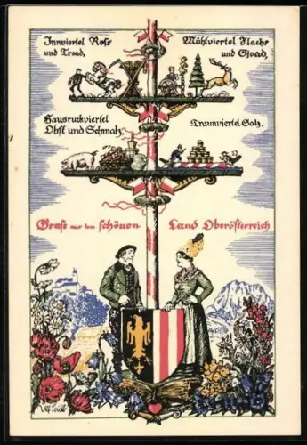 Künstler-AK Ulf Seidl: Oberösterreich, Traumviertel Salz, Hausruckviertel Obst und Schmalz, Frau und Mann mit Wappen