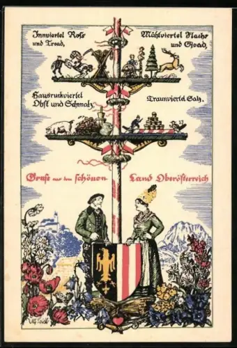 Künstler-AK Ulf Seidl: Oberösterreich, Traumviertel Salz, Hausruckviertel Obst und Schmalz, Frau und Mann mit Wappen