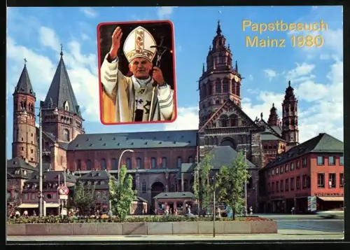 AK Mainz, Papstbesuch Papst Johannes Paul II. 1980, Dom und Geschäft