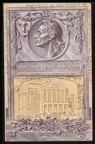 AK Weimar, Deutscher Schillerbund, Portrait, Gebäudeansicht, Ornamente