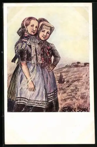 Künstler-AK Scheessel, Zwei Mädchen in Tracht