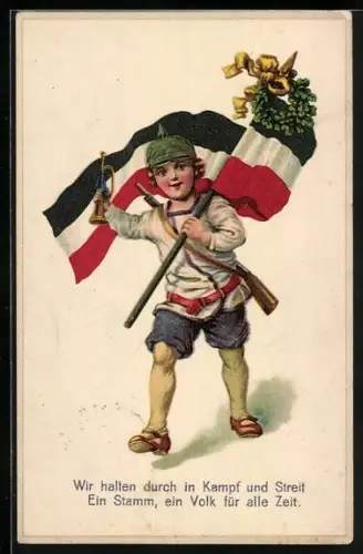 AK Soldat mit Pickelhaube, Fanfare und Fahne, Kinder Kriegspropaganda