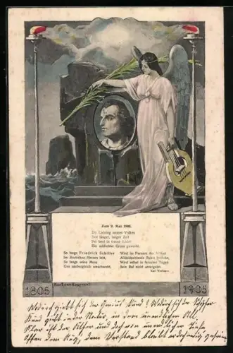 AK Engel am Portrait des Dichters Friedrich Schiller, Gedicht
