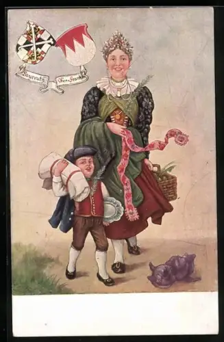 AK Bayreuth, Frau mit Kind in Trachten des Ortes, Wappen