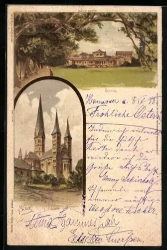 Künstler-AK Carl Biese: Bonn, Blick zur Kirche, Totalansicht