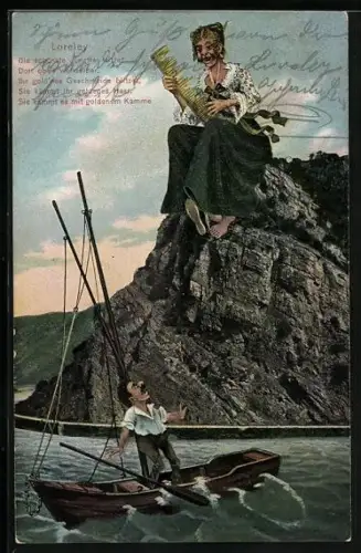 AK Loreleyfelsen, Loreley mit Kamm als Instrument, entsetzter Fischer, Karikatur