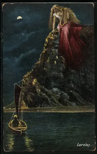 AK Loreley auf dem Felsen beim Bezirzen eines Fischers
