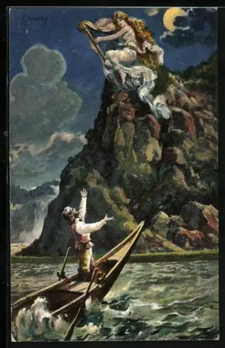 AK Loreley, Mann im Boot, die schönste Jungfrau spielt Harfe