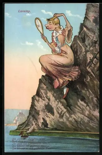 AK Loreley, die schönste Jungfrau auf dem Felsen kämmt sich, frauenfeindlicher Humor
