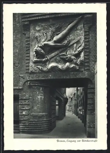 AK Bremen, Eingang zur Böttcherstrasse, Tor mit Relief