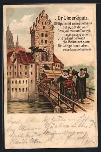 Künstler-AK Ulm / Donau, Ulmer Spatz, Stadttor, Brücke