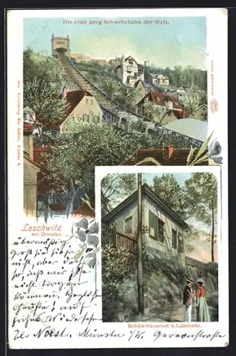 AK Loschwitz bei Dresden, Bergschwebebahn, Schillerhäuschen