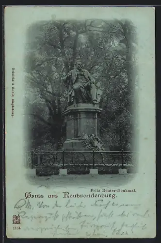 Mondschein-AK Neubrandenburg, Fritz Reuter-Denkmal