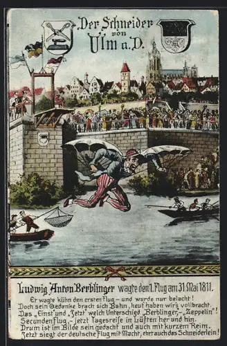Künstler-AK Ulm a. D., Der Schneider von Ulm, Flugversuch von Berblinger 1811, Stadtansicht, Donaubrücke, Wappen