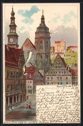 Lithographie Pirna, Marktplatz, Stadtkirche, Rathaus