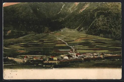AK Glurns, Generalansicht der Ortschaft im Tal