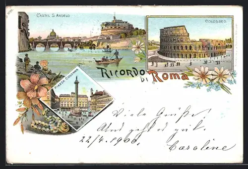 Lithographie Roma, Castel S. Angelo, Piazza Colonna, Colosseo, Gondel