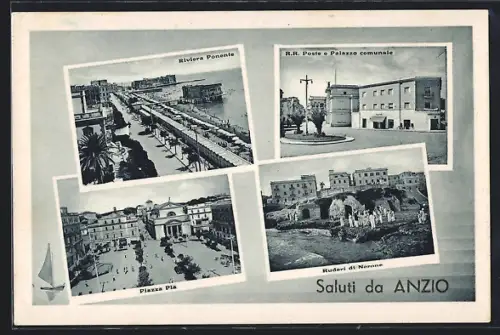 AK Anzio, Riviera Ponente, Poste e Palazzo comunale, Piazza Pia, Ruderi di Nerone