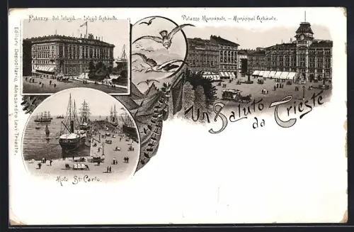 Lithographie Trieste, Lloyd-Gebäude, Municipal-Gebäude, Molo St. Carlo