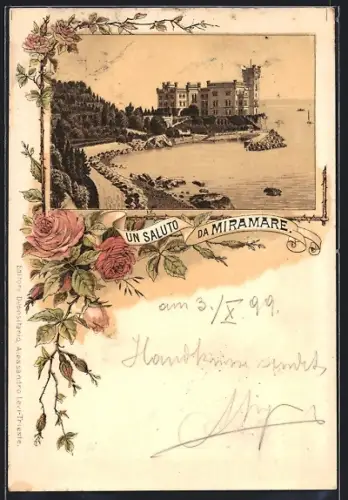 Lithographie Triest, Miramare, Panorama