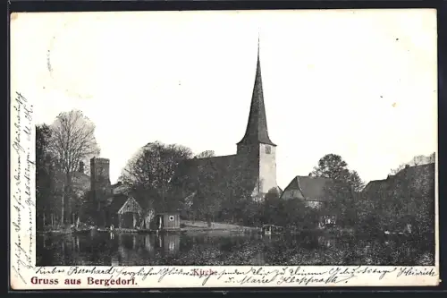 AK Hamburg-Bergedorf, Kirchenpanorama, Flussansicht