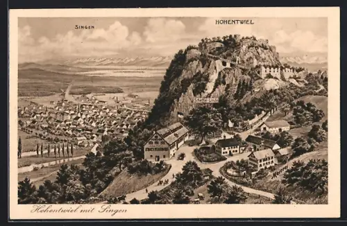 AK Singen, Hohentwiel mit Singen, Gasthaus Meierei u. Scheffel-Linde