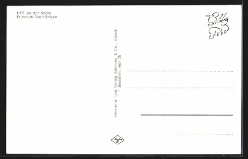 AK Hof an der Saale, Friedrich-Ebert-Brücke, Statue, Flussufer