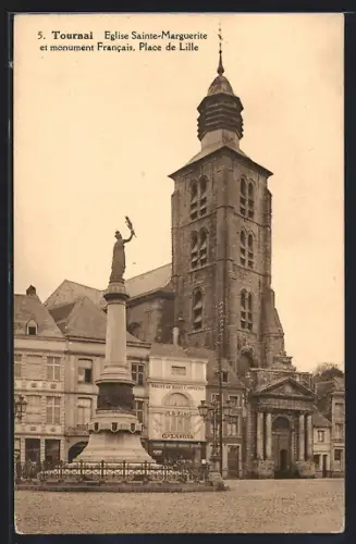 AK Tournai, Eglise Sainte-Marguerite et monument Francais, Place de Lille