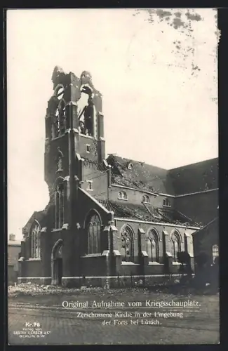 AK Lüttich, Zerschossene Kirche in der Umgebung der Forts