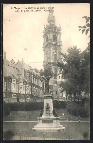 AK Mons, Le Beffroi et Statue Dolez