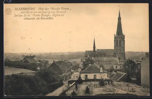 AK Alsemberg, Jardin de la Porte Rouge, Église et chaussée de Bruxelles