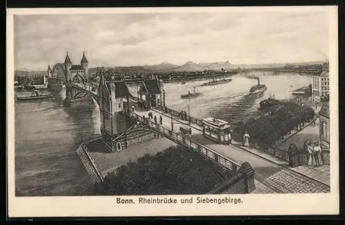 AK Bonn, Rheinbrücke und Blick auf das Siebengebirge, Strassenbahn