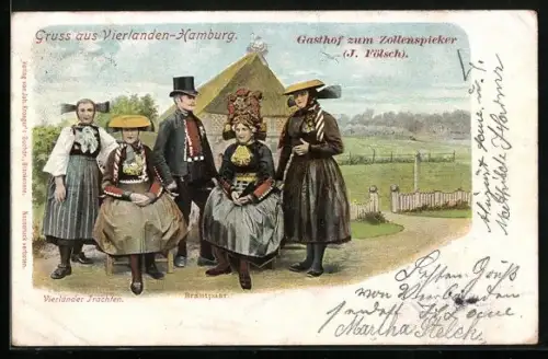 Lithographie Vierländer Trachten, Brautpaar