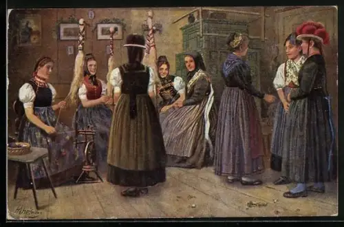 Künstler-AK H. Hoffmann: Frauen in schwarzwälder Tracht in einer Spinnstube
